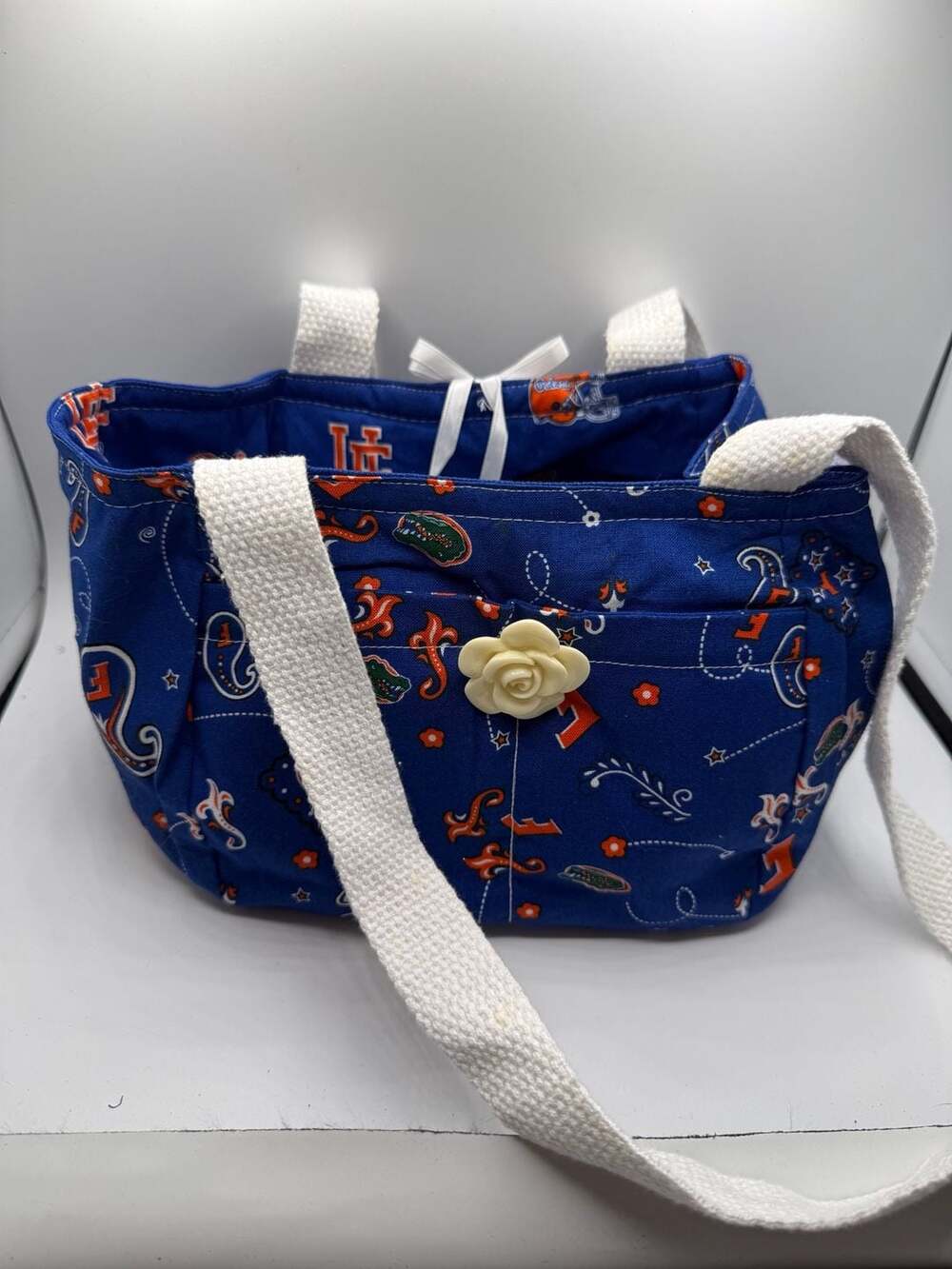 Florida Gators Handmade Fabric Tote Bag with Rose Button Detail